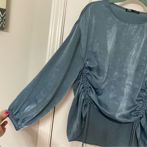 ZARA • Blue Green Satin Drawstring Long Sleeve Gypsy Blouse Top - Picture 4 of 8